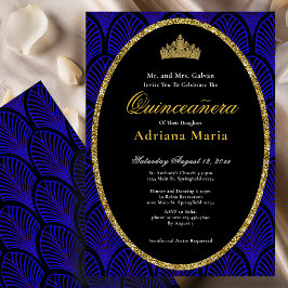 Elegant Quinceanera-inbjudan Guld Blå Art Deco Inbjudningar