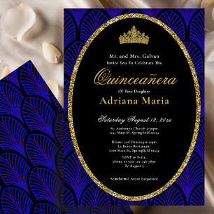 Elegant Quinceanera-inbjudan Guld Blå Art Deco Inbjudningar