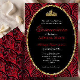 Elegant Quinceanera-inbjudan Guld Röd Art Deco Inbjudningar