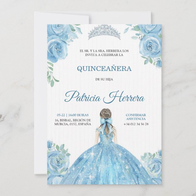 Elegant quinceanera-inbjudan med blå blommotiv inbjudningar (Framsida)