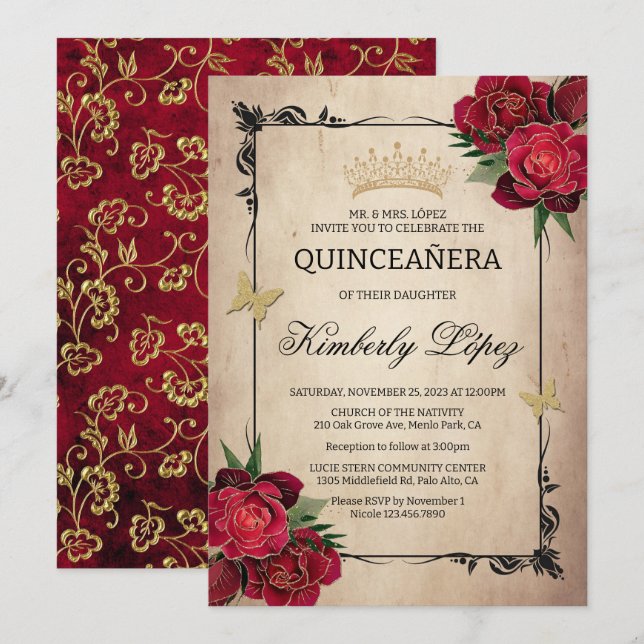 Elegant Quinceanera-inbjudan till guldolja i Röd r Inbjudningar (Fram/baksida)