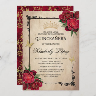 Elegant Quinceanera-inbjudan till guldolja i Röd r Inbjudningar