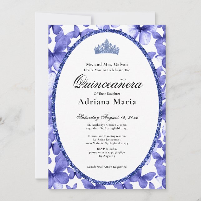 Elegant Quinceanera Invitation Blue Butterflies Inbjudningar (Framsida)