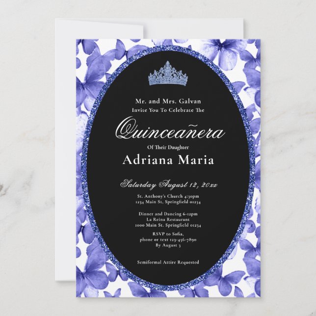 Elegant Quinceanera Invitation Blue Butterflies Inbjudningar (Framsida)