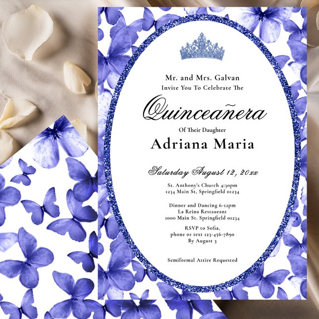 Elegant Quinceanera Invitation Blue Butterflies Inbjudningar (Skapare uppladdad)