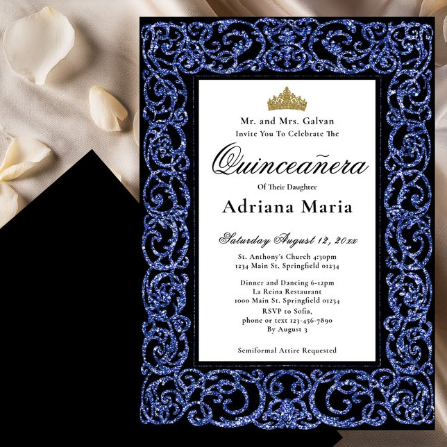 Elegant Quinceanera Invitation Blue Scrollwork Inbjudningar (Skapare uppladdad)