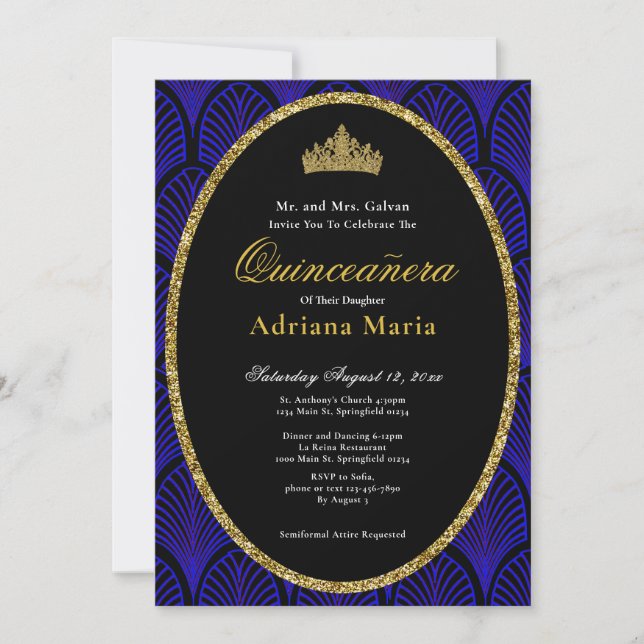 Elegant Quinceanera Invitation Gold Blue Art Deco Inbjudningar (Framsida)