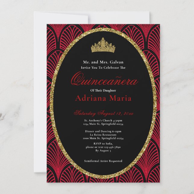 Elegant Quinceanera Invitation Gold Red Art Deco Inbjudningar (Framsida)