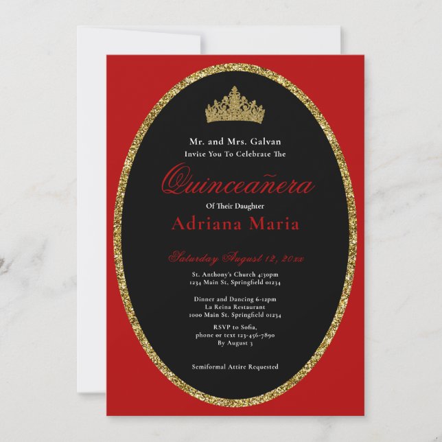 Elegant Quinceanera Invitation Gold Red Glitter Inbjudningar (Framsida)