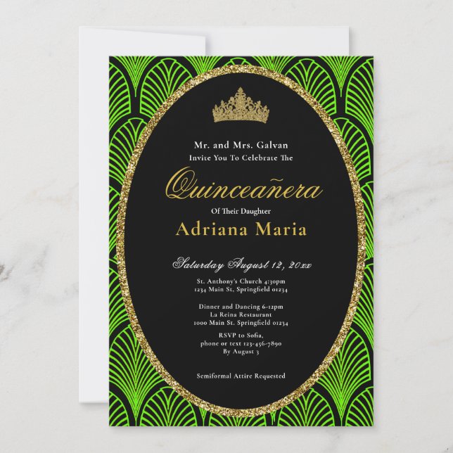 Elegant Quinceanera Invitation Green Art Deco Inbjudningar (Framsida)