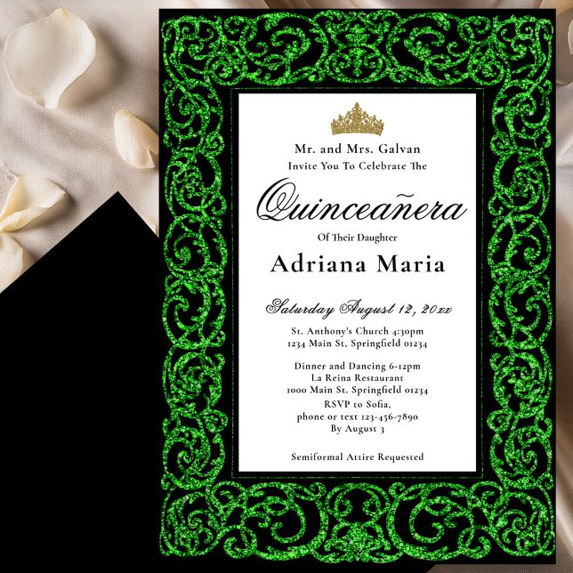Elegant Quinceanera Invitation Green Scrollwork Inbjudningar (Skapare uppladdad)