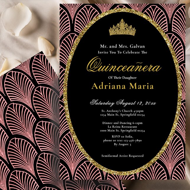 Elegant Quinceanera Invitation Pink Art Deco Inbjudningar (Skapare uppladdad)