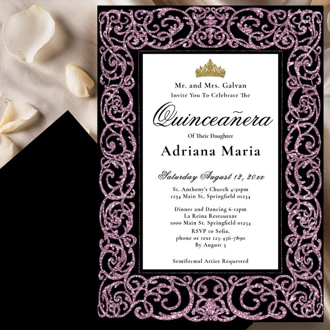 Elegant Quinceanera Invitation Pink Scrollwork Inbjudningar (Skapare uppladdad)