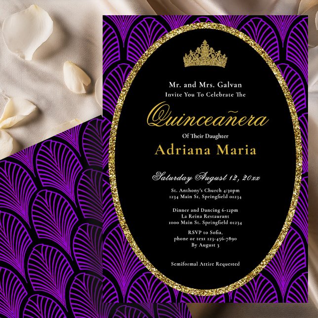 Elegant Quinceanera Invitation Purple Art Deco Inbjudningar (Skapare uppladdad)