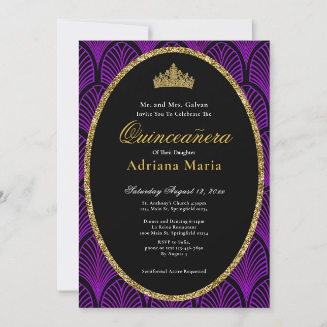 Elegant Quinceanera Invitation Purple Art Deco Inbjudningar (Framsida)