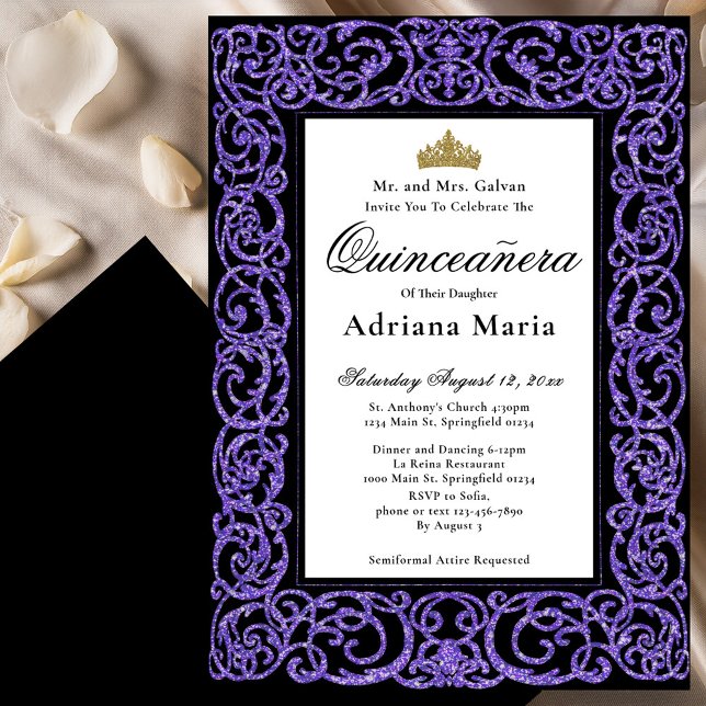 Elegant Quinceanera Invitation Purple Scrollwork Inbjudningar (Skapare uppladdad)
