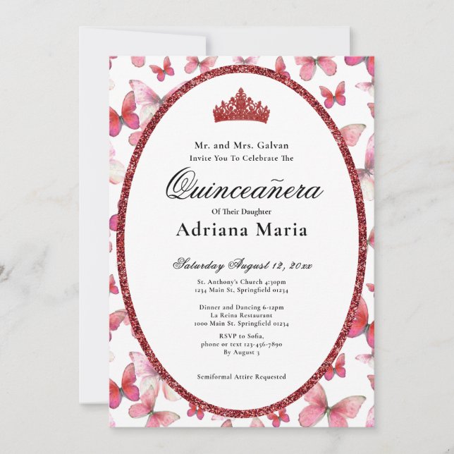 Elegant Quinceanera Invitation Red Butterflies Inbjudningar (Framsida)