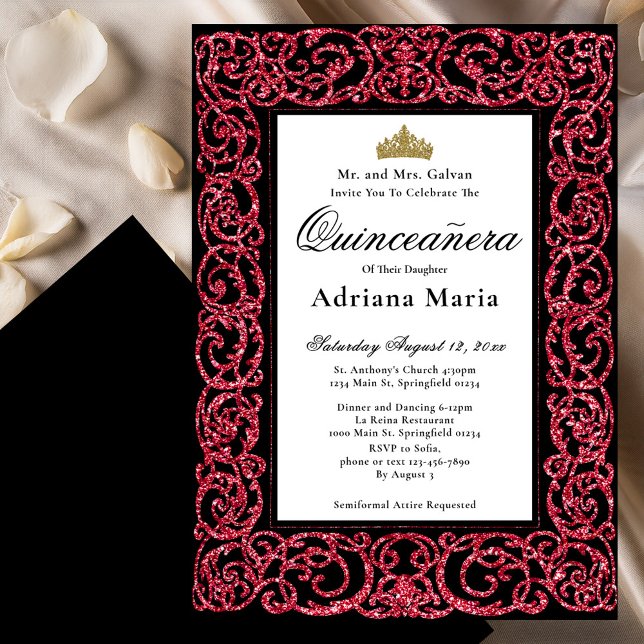 Elegant Quinceanera Invitation Red Scrollwork Inbjudningar (Skapare uppladdad)