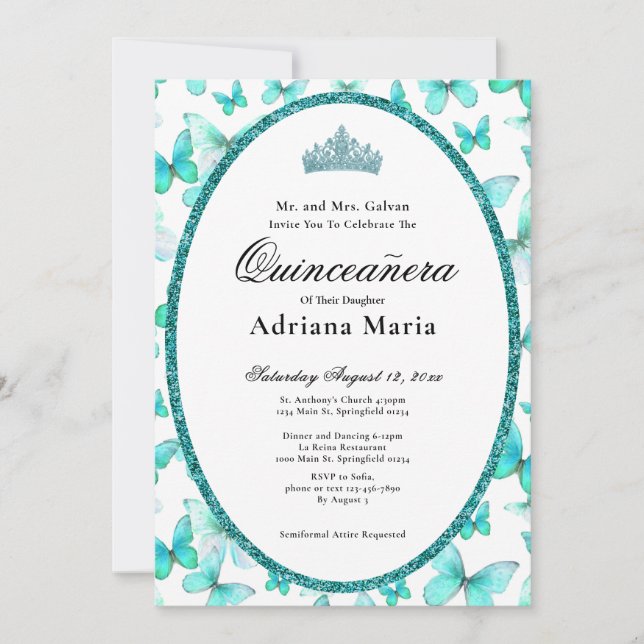 Elegant Quinceanera Invitation Teal Butterflies Inbjudningar (Framsida)