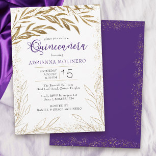 Elegant Quinceanera Lila och Guld Löv Inbjudningar