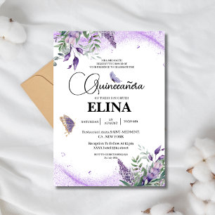 Elegant Quinceañera Lilac Lavender Butterfly Inbjudningar