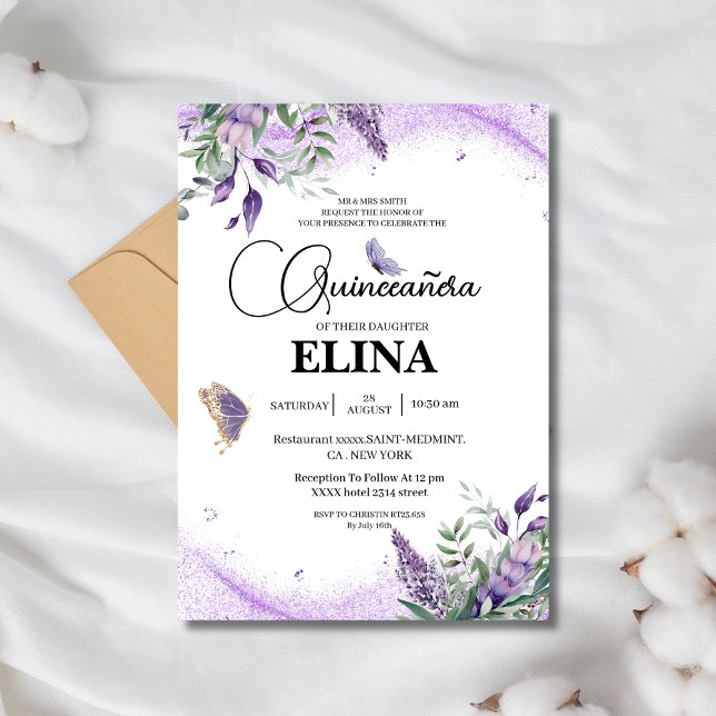 Elegant Quinceañera Lilac Lavender Butterfly Inbjudningar (Skapare uppladdad)