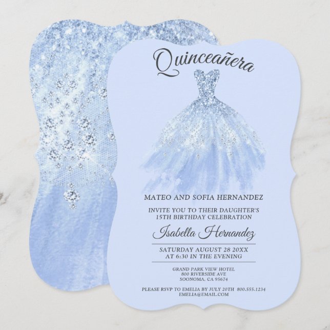 Elegant Quinceanera Mis Quince Blue Violet Glitter Inbjudningar (Fram/baksida)
