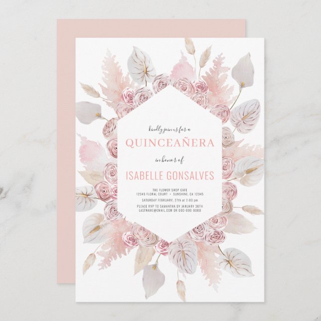 Elegant QUINCEAÑERA Modern Boho Watercolor  Inbjudningar (Fram/baksida)