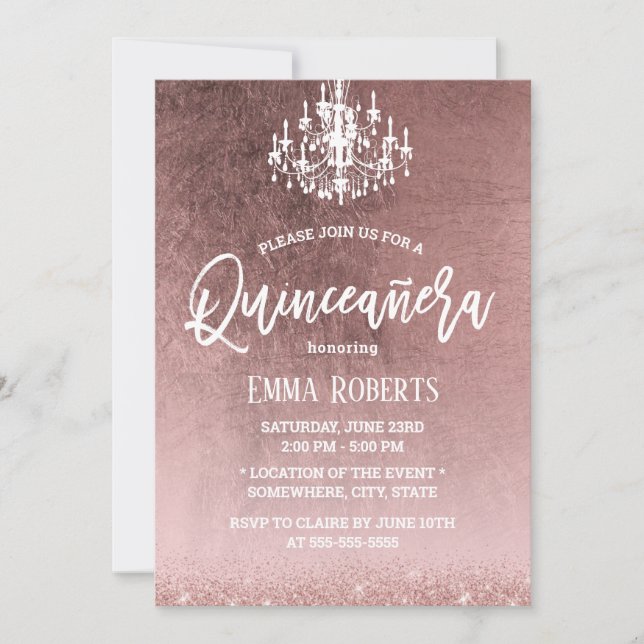Elegant Quinceanera Modern Ro Guld 15:e födelsedag Inbjudningar (Framsida)
