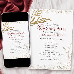 Elegant Quinceanera och Mass Red och Guld Löv Inbjudningar