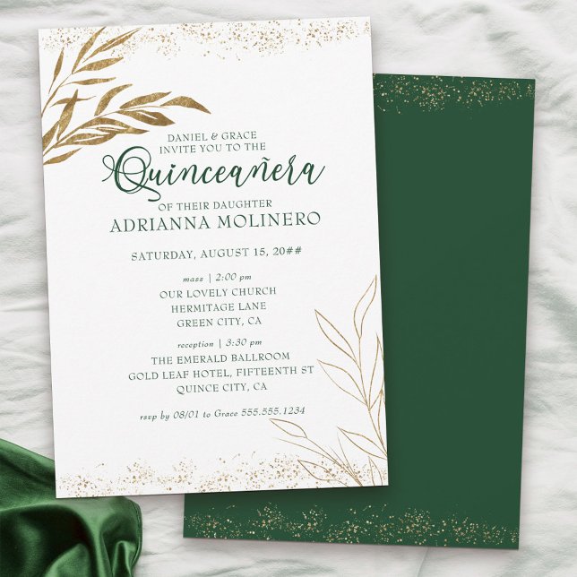 Elegant Quinceanera och Massan Grönt och Guld Löv Inbjudningar (Emeral Green White & Gold Invitation to Quinceanera and Church Ceremony)