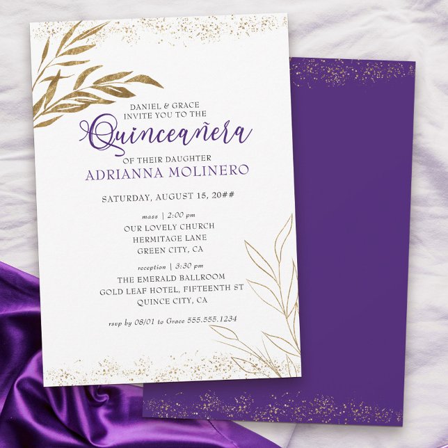 Elegant Quinceanera och Massan Lila och Guld Löv Inbjudningar (Elegant invitation to Quinceanera & church blessing white, purple and gold - my Gold Leaf Collection)