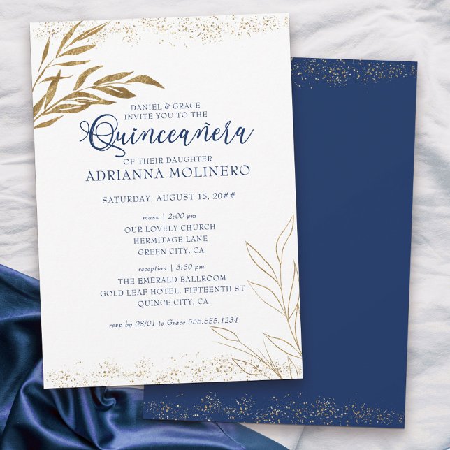 Elegant Quinceanera och massan Royal Blue Guld Löv Inbjudningar (Elegant invitation to Quinceanera & church blessing white, blue and gold - my Gold Leaf Collection)