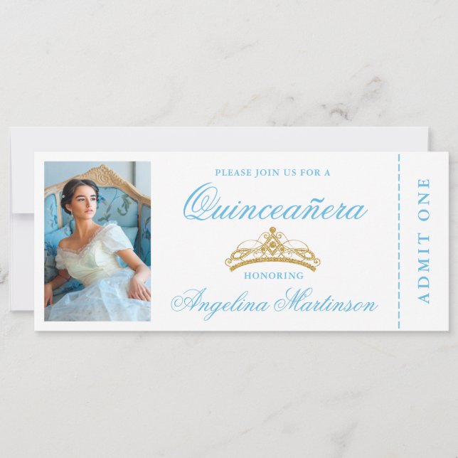 Elegant Quinceanera Photo Blue Guld Biljett Inbjudningar (Framsida)