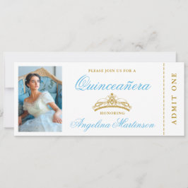 Elegant Quinceanera Photo Blue och Guld Biljett Inbjudningar
