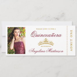 Elegant Quinceanera Photo Burgundy och Guld Biljet Inbjudningar