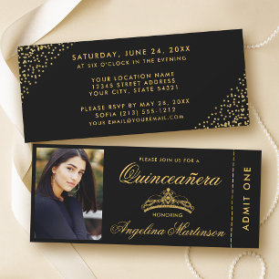 Elegant Quinceanera Photo Guld och Black Biljett Inbjudningar