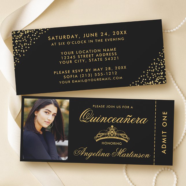 Elegant Quinceanera Photo Guld och Black Biljett Inbjudningar (Customize to change text style or text size.)