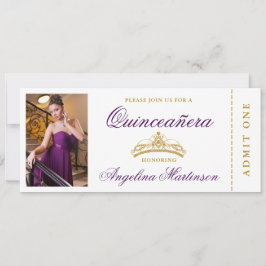 Elegant Quinceanera Photo Lila och Guld Biljett Inbjudningar