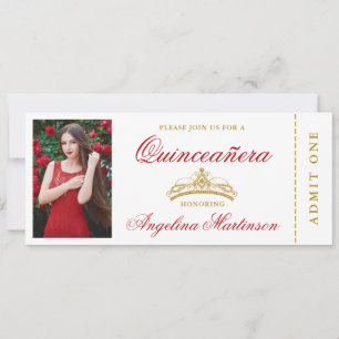 Elegant Quinceanera Photo Red och Guld Biljett Inbjudningar