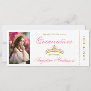 Elegant Quinceanera Photo Rosa och Guld Biljett Inbjudningar