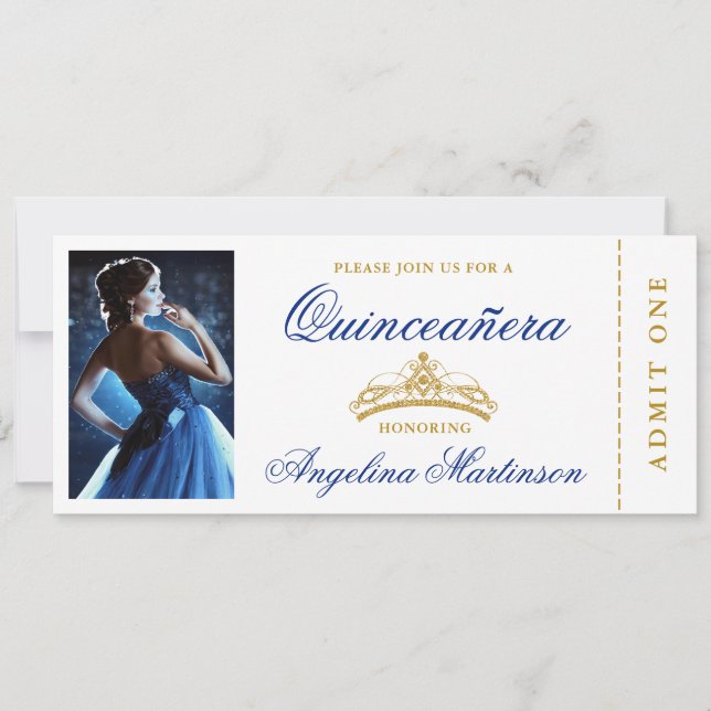 Elegant Quinceanera Photo Royal Blue Guld Biljett Inbjudningar (Framsida)