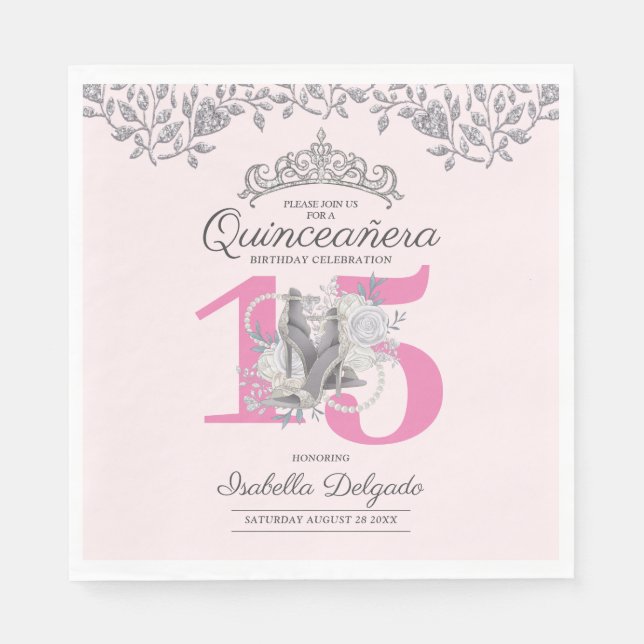 Elegant Quinceanera Princess Rosa 15:e födelsedage Pappersservett (Framsidan)