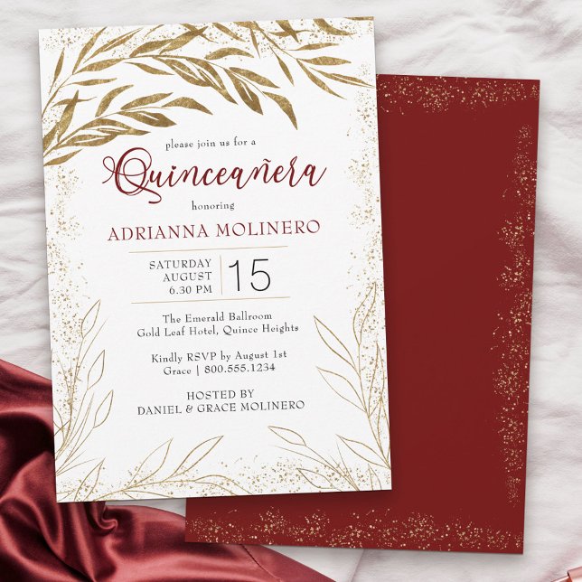 Elegant Quinceanera Red and Guld Löv Inbjudningar (Modern Quinceanera invitation in white, red and gold from my Gold Leaf Collection
)