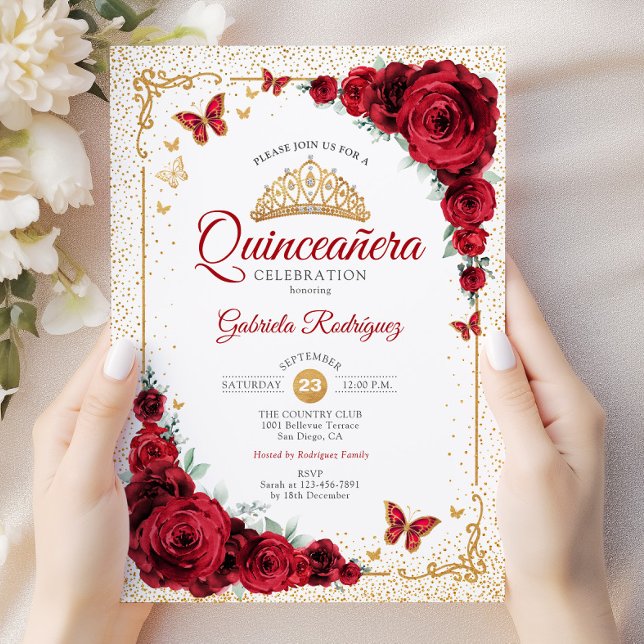 Elegant Quinceanera Röd ros Guld White Inbjudningar (Skapare uppladdad)