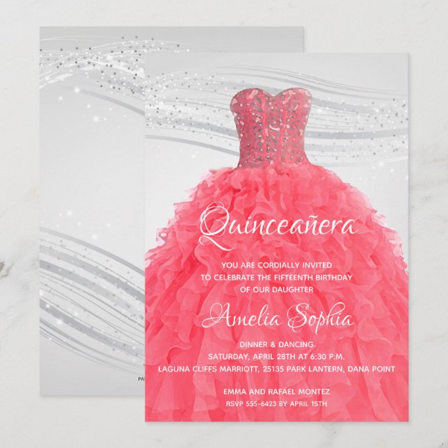 Elegant Quinceañera Rosa Gown-inbjudningar (Fram/baksida)