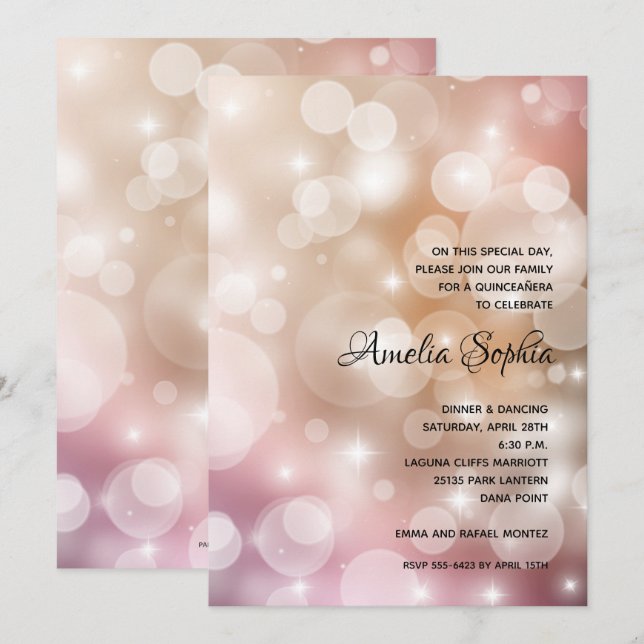 Elegant Quinceañera Rosa  inbjudningar (Fram/baksida)