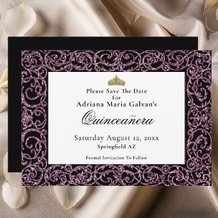 Elegant Quinceanera Rosa Scrollwork Save The Date Spara Datumet