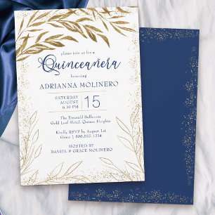Elegant Quinceanera Royal Blue and Guld Löv Inbjudningar