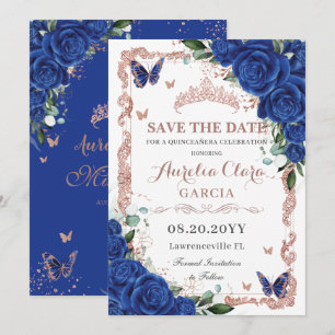 Elegant Quinceañera Royal Blue Blommigt Ro Guld Spara Datumet